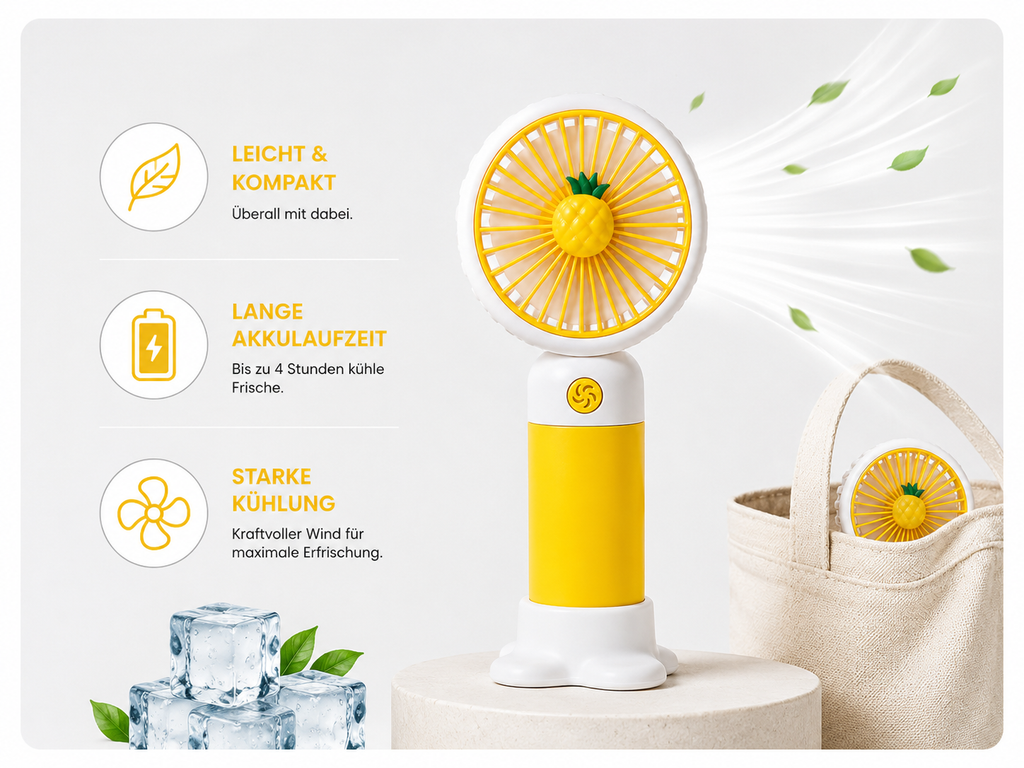 BREIZZO® Mini Handventilator – Tragbarer Ventilator, Leise, 3 Geschwindigkeiten, 95 g, 2–4 Std. Akkulaufzeit | Ananas Gelb