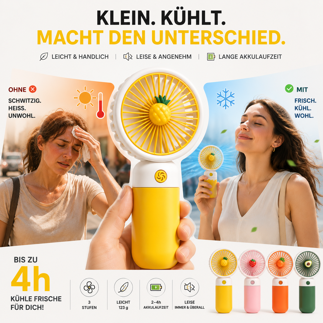BREIZZO® Mini Handventilator – Tragbarer Ventilator, Leise, 3 Geschwindigkeiten, 95 g, 2–4 Std. Akkulaufzeit | Avocado Grün