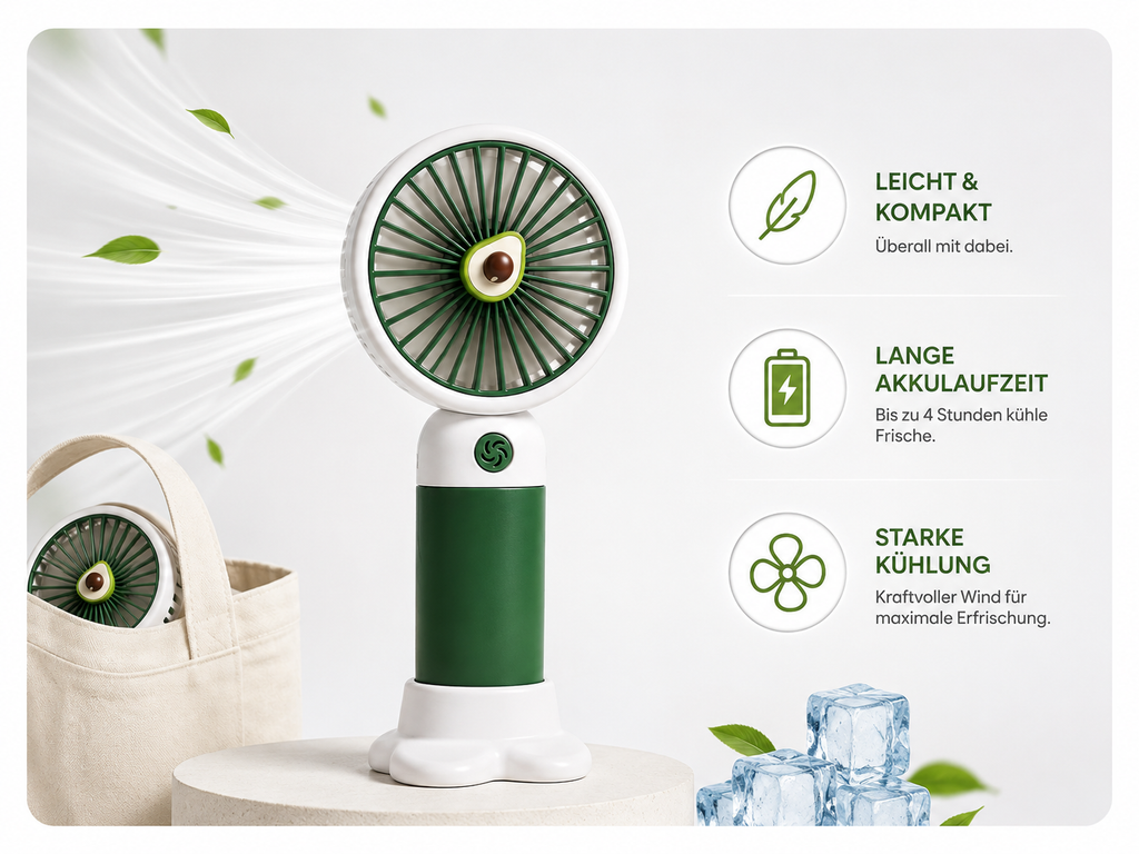 BREIZZO® Mini Handventilator – Tragbarer Ventilator, Leise, 3 Geschwindigkeiten, 95 g, 2–4 Std. Akkulaufzeit | Avocado Grün