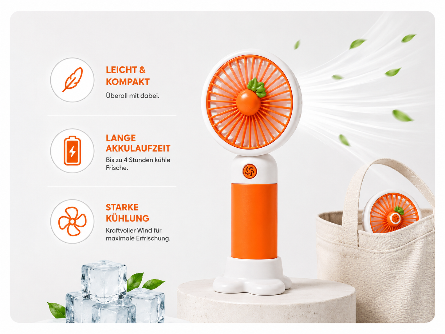 BREIZZO® Mini Handventilator – Tragbarer Ventilator, Leise, 3 Geschwindigkeiten, 95 g, 2–4 Std. Akkulaufzeit | Orange