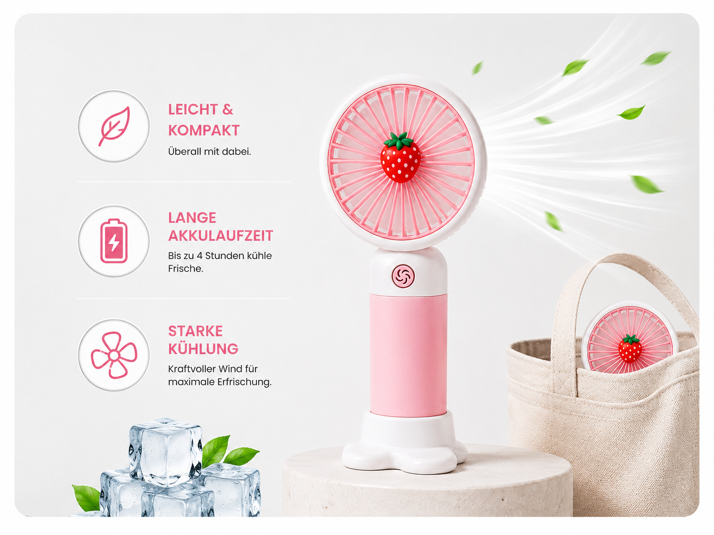 BREIZZO® Mini Handventilator – Tragbarer Ventilator, Leise, 3 Geschwindigkeiten, 95 g, 2–4 Std. Akkulaufzeit | Erdbeere Rosa