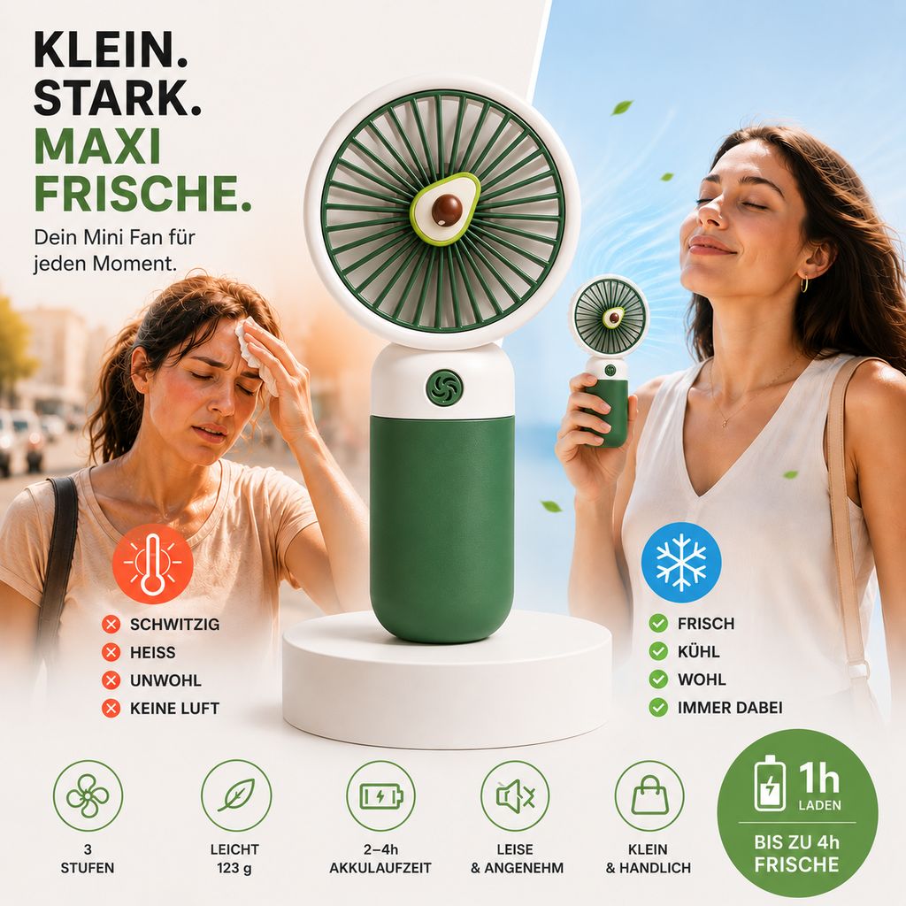 BREIZZO® Mini Handventilator – Tragbarer Ventilator, Leise, 3 Geschwindigkeiten, 95 g, 2–4 Std. Akkulaufzeit | Avocado Grün