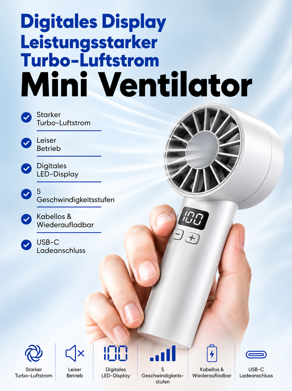 Tragbarer Turbo-Handventilator mit LCD-Display – 100 Geschwindigkeitsstufen, USB-C aufladbar