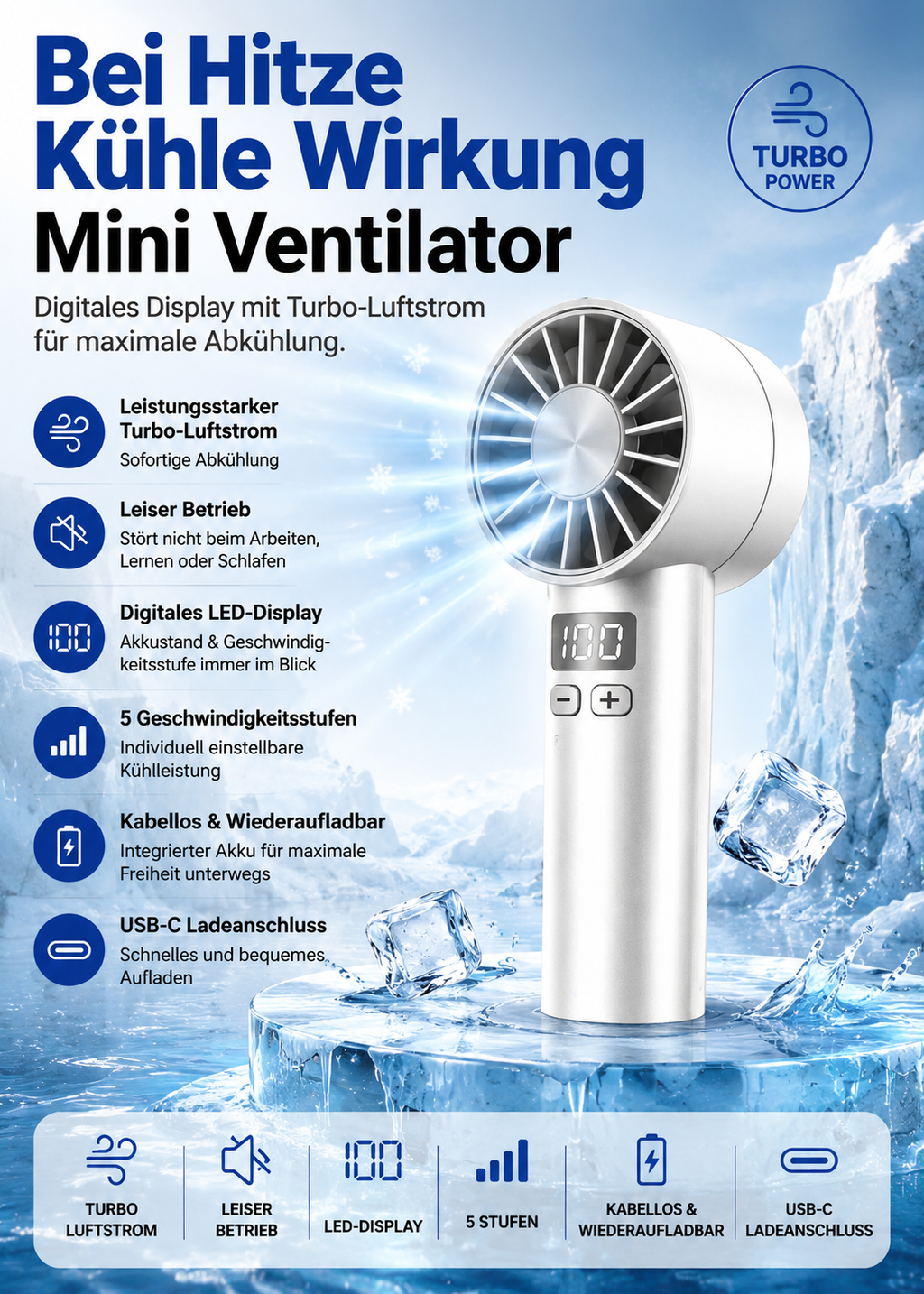 Tragbarer Turbo-Handventilator mit LCD-Display – 100 Geschwindigkeitsstufen, USB-C aufladbar