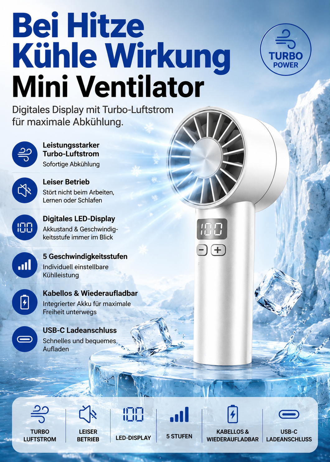 Tragbarer Turbo-Handventilator mit LCD-Display – 100 Geschwindigkeitsstufen, USB-C aufladbar
