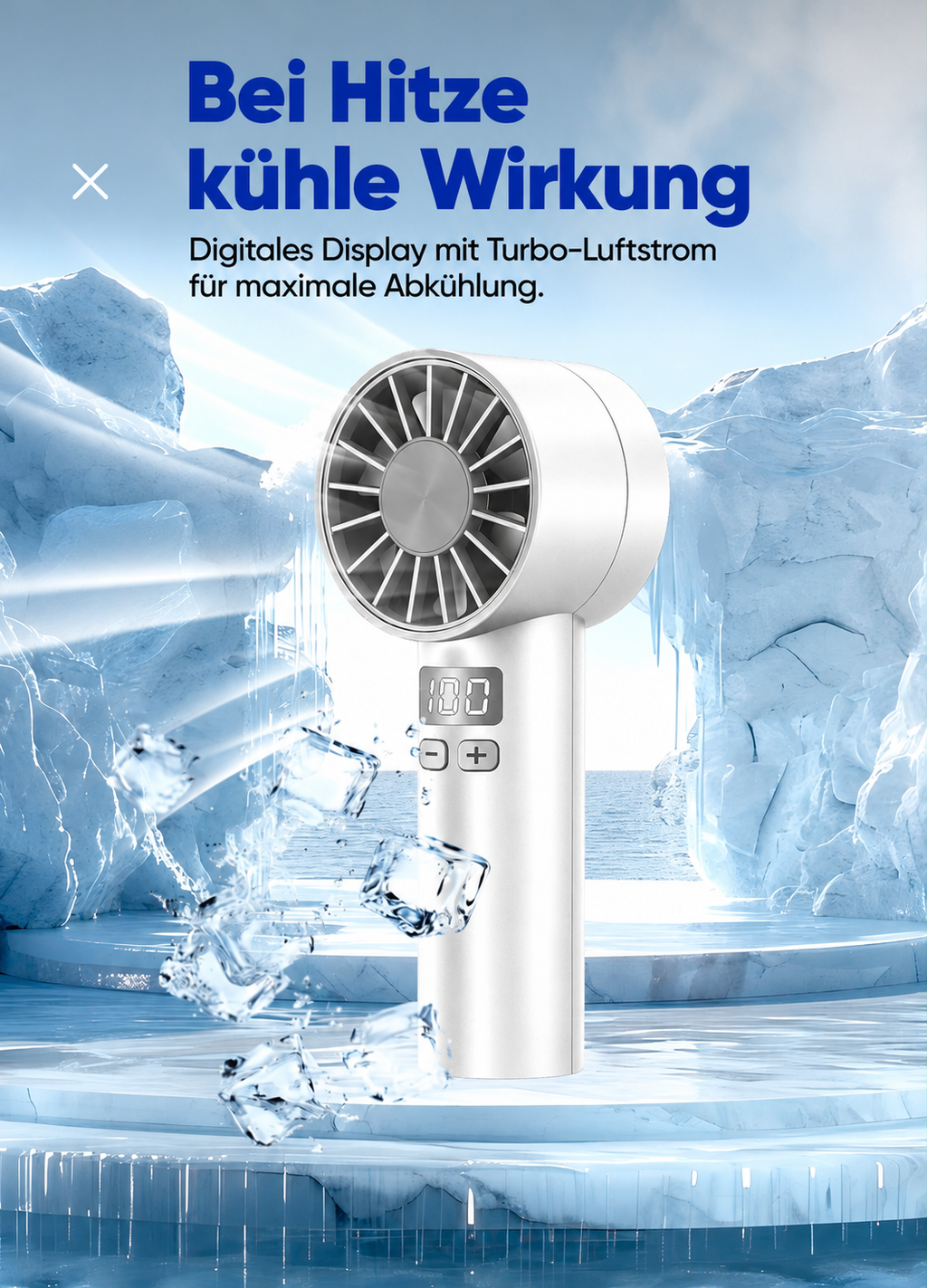 Tragbarer Turbo-Handventilator mit LCD-Display – 100 Geschwindigkeitsstufen, USB-C aufladbar