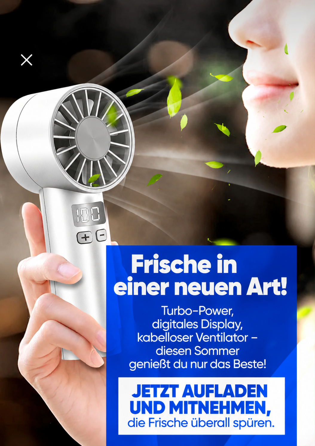 Tragbarer Turbo-Handventilator mit LCD-Display – 100 Geschwindigkeitsstufen, USB-C aufladbar
