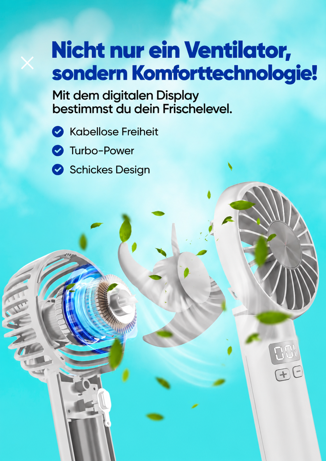 Tragbarer Turbo-Handventilator mit LCD-Display – 100 Geschwindigkeitsstufen, USB-C aufladbar