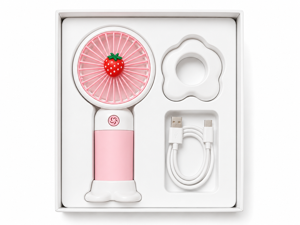 BREIZZO® Mini Handventilator – Tragbarer Ventilator, Leise, 3 Geschwindigkeiten, 95 g, 2–4 Std. Akkulaufzeit | Erdbeere Rosa