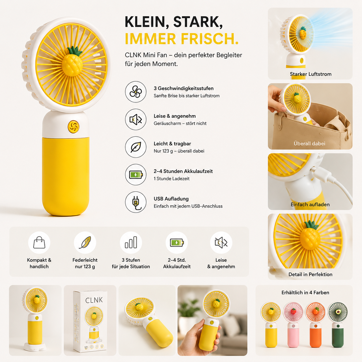 BREIZZO® Mini Handventilator – Tragbarer Ventilator, Leise, 3 Geschwindigkeiten, 95 g, 2–4 Std. Akkulaufzeit | Ananas Gelb