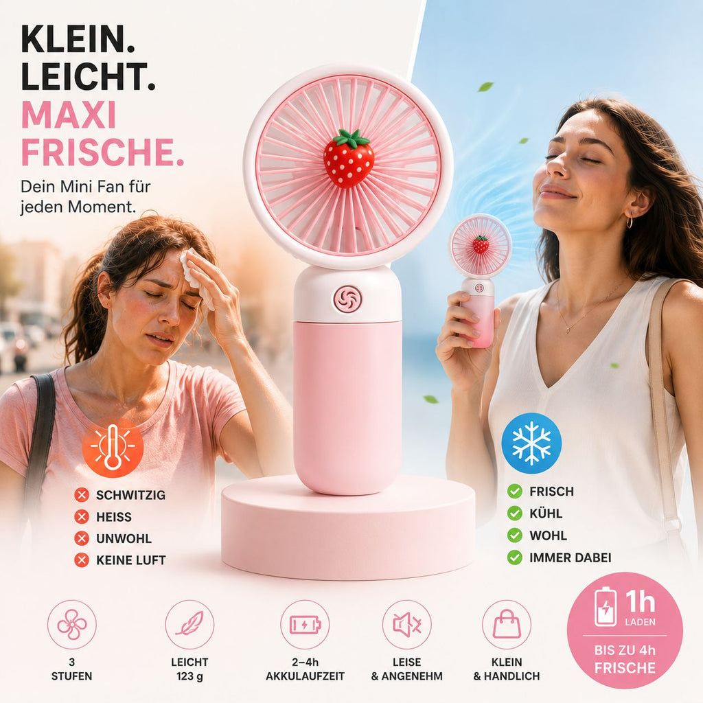 BREIZZO® Mini Handventilator – Tragbarer Ventilator, Leise, 3 Geschwindigkeiten, 95 g, 2–4 Std. Akkulaufzeit | Erdbeere Rosa