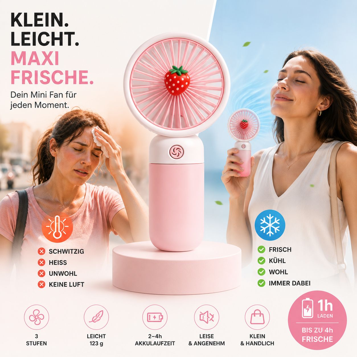 BREIZZO® Mini Handventilator – Tragbarer Ventilator, Leise, 3 Geschwindigkeiten, 95 g, 2–4 Std. Akkulaufzeit | Erdbeere Rosa