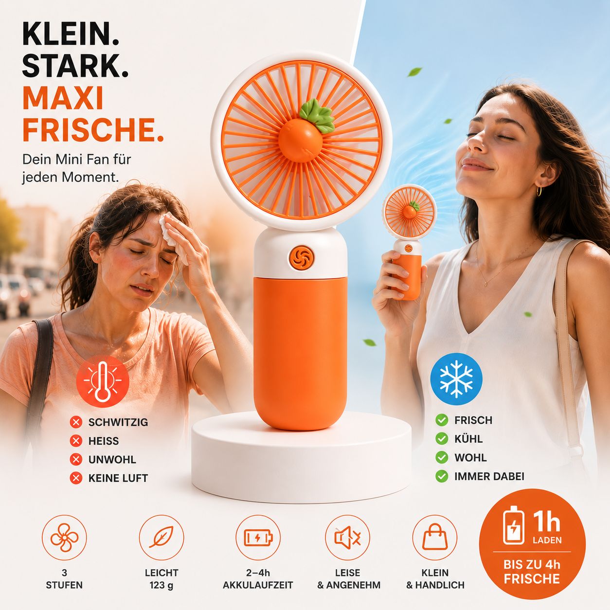 BREIZZO® Mini Handventilator – Tragbarer Ventilator, Leise, 3 Geschwindigkeiten, 95 g, 2–4 Std. Akkulaufzeit | Orange